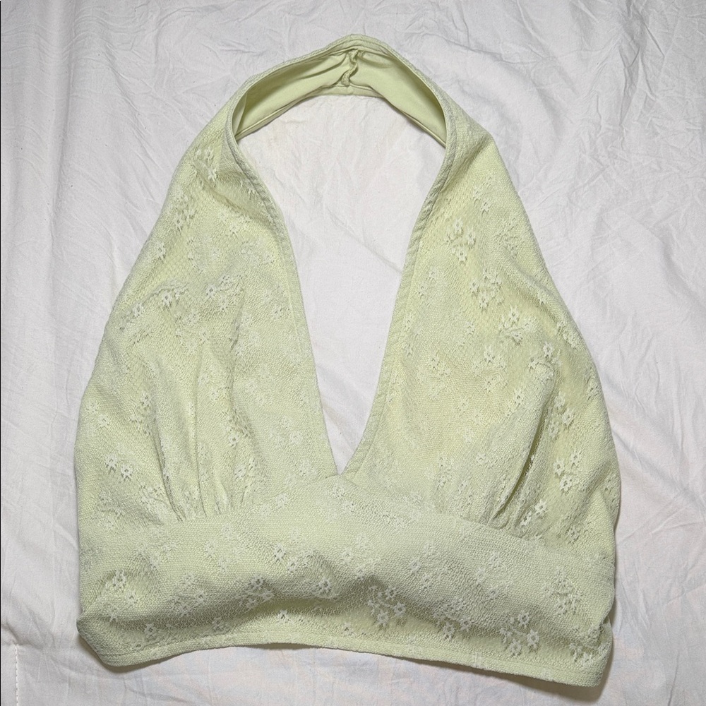 Cider Pastel Green Halter Lace Crop Top